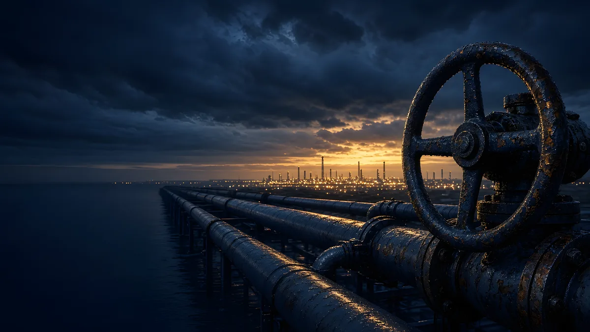 Close-up of a weathered iron valve wheel at the head of a rain-wet pipe manifold at dusk, its pipelines running out towards a wide, glowing city and industrial skyline.